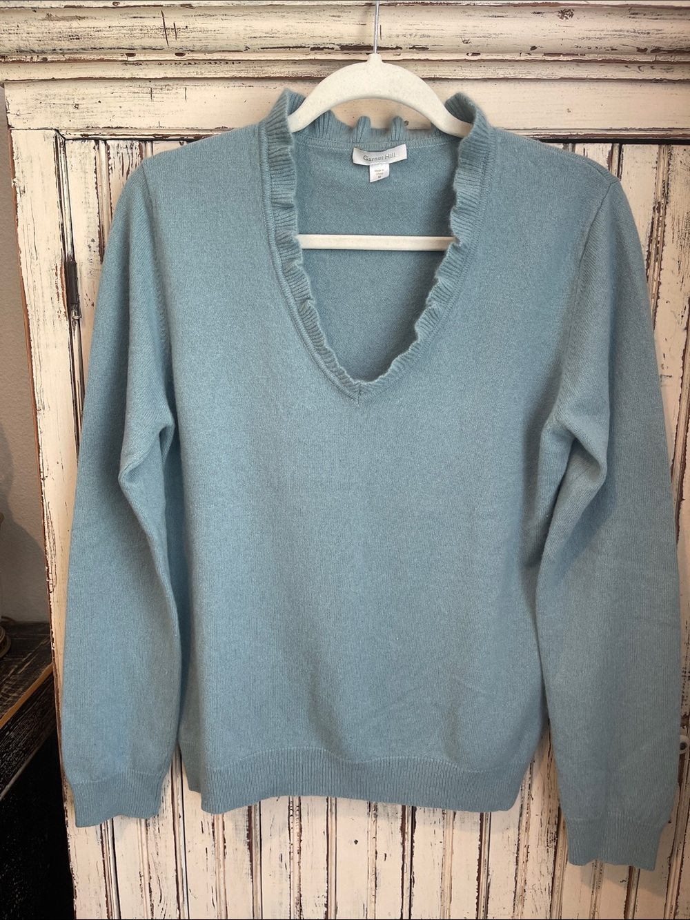 Peruvian Connection Cashmere Blue V-Neck Ruffle Trim Sweater